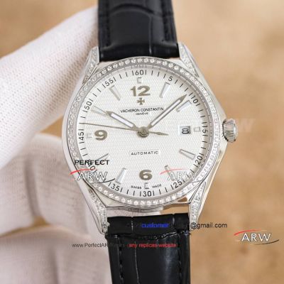 AAA Copy TW Factory Vacheron Constantin White Diamond Bezel Black Leather Strap Watch 